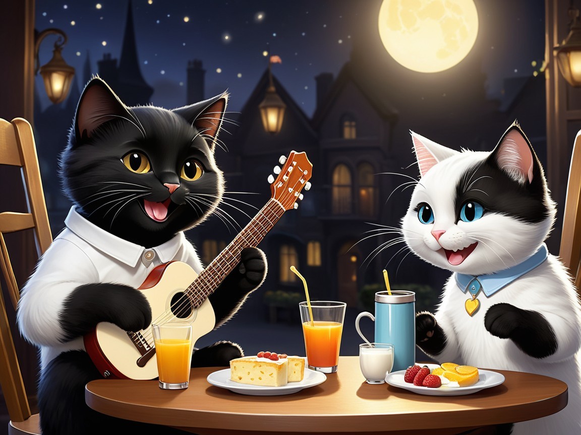 Cartoon Cats Dining Under a Starry Night Sky