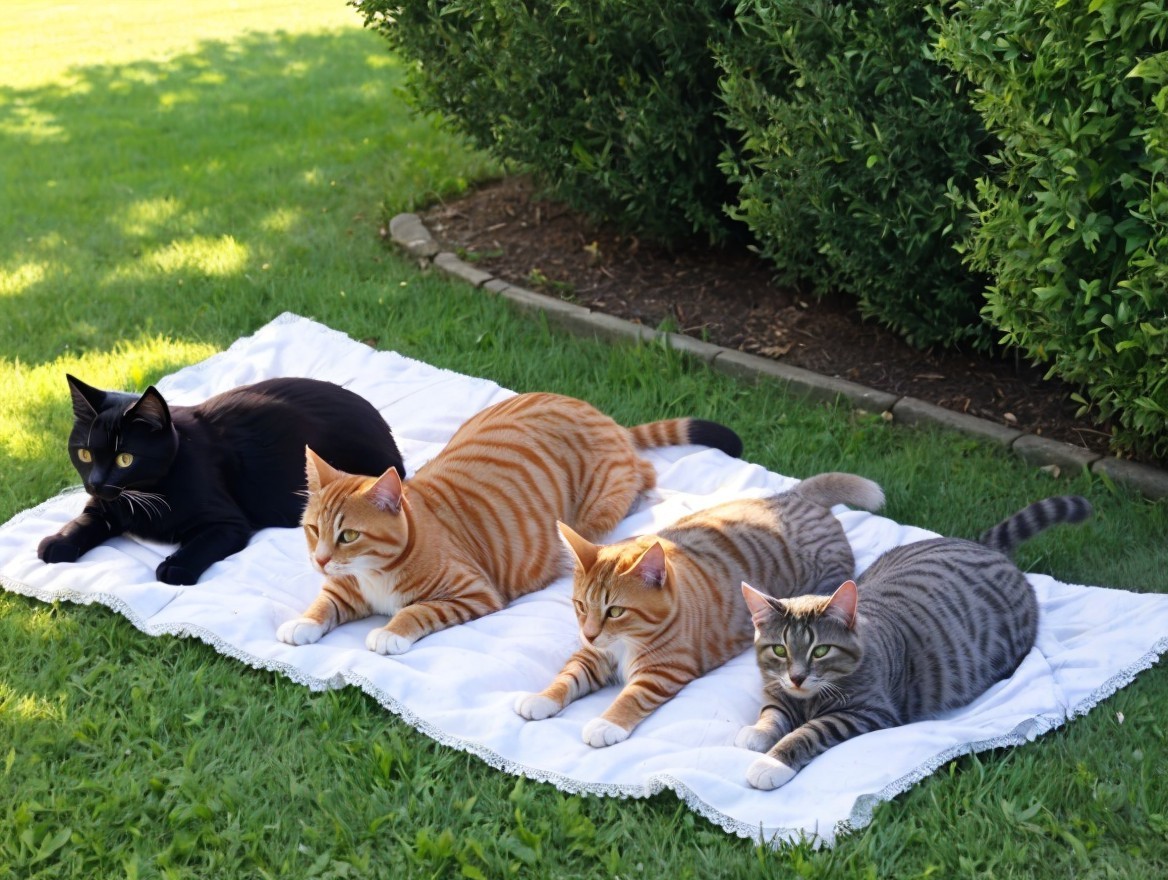 Four Cats Relaxing on a White Blanket on Grass