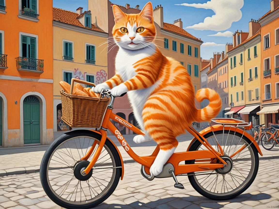 Fluffy Orange Tabby Cat on Bicycle in Charming Scene