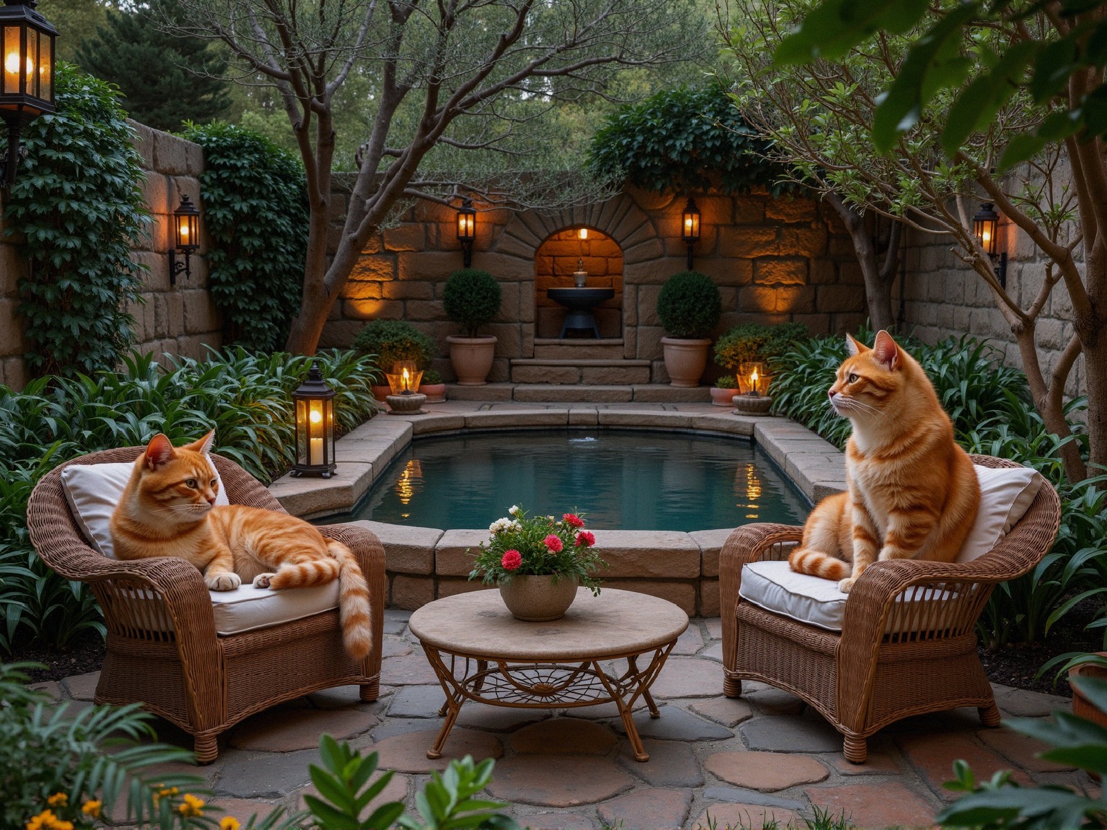 Serene Garden with Orange Tabby Cats and Pool