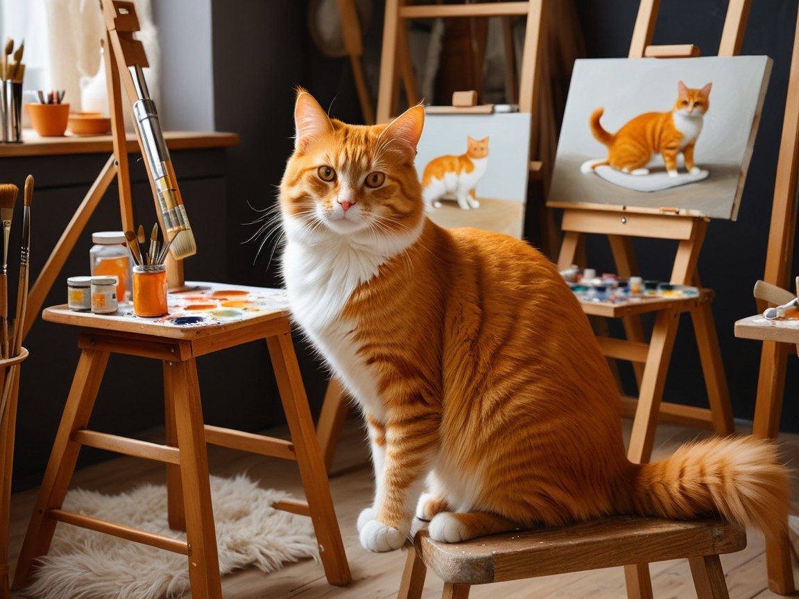 Cozy Artist Studio Featuring Fluffy Orange Cat