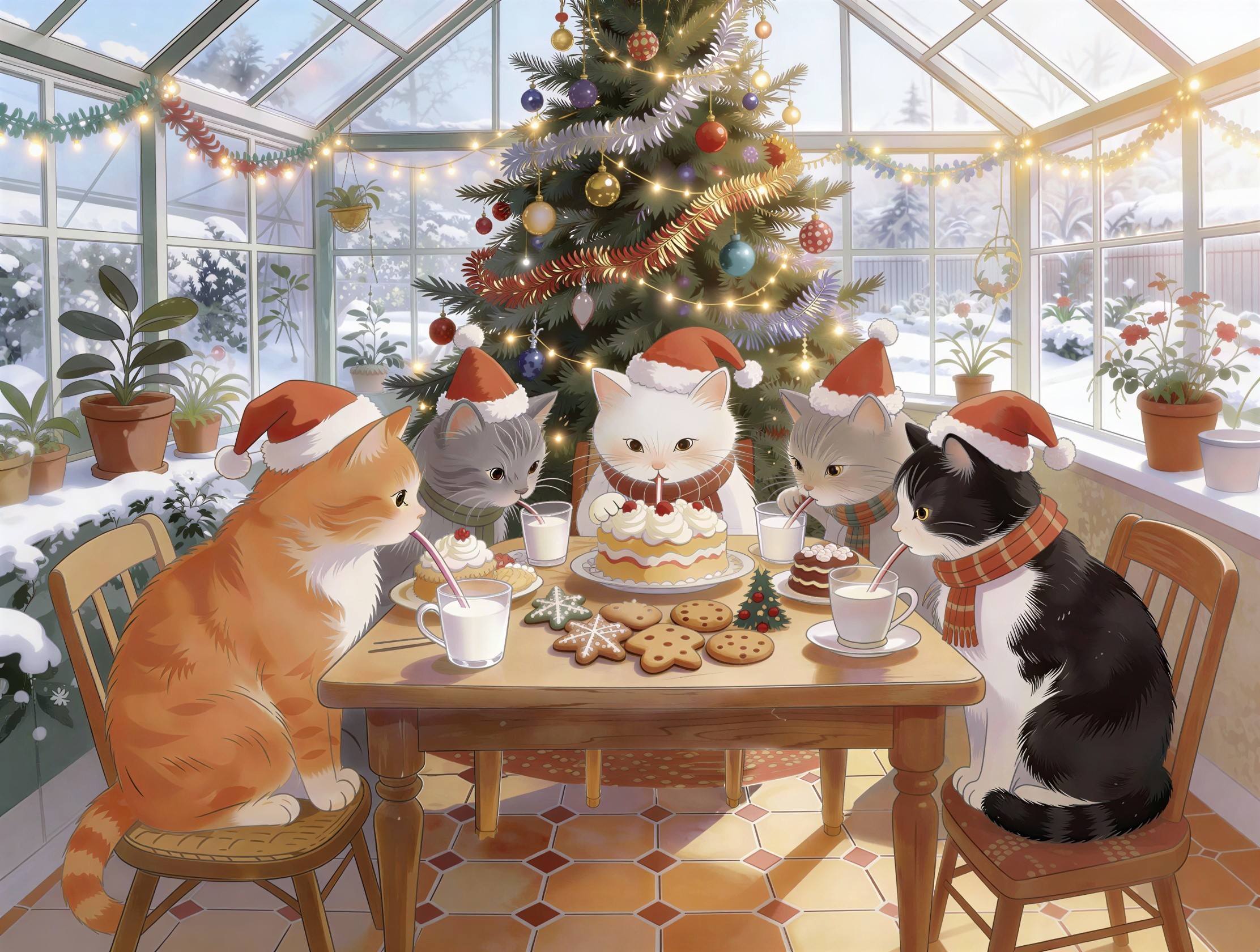 Cats in Santa Hats Celebrate Christmas in Sunroom