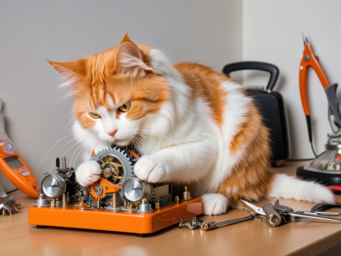 Fluffy Orange and White Cat Interacting with Steampunk Device