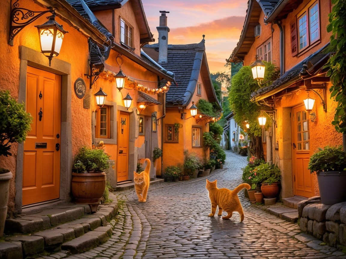 Charming Cobblestone Street with Quaint Cottages and Cats