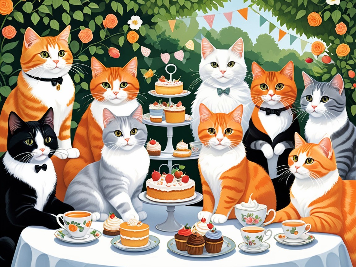 Cheerful Cats at a Garden Tea Party Setting