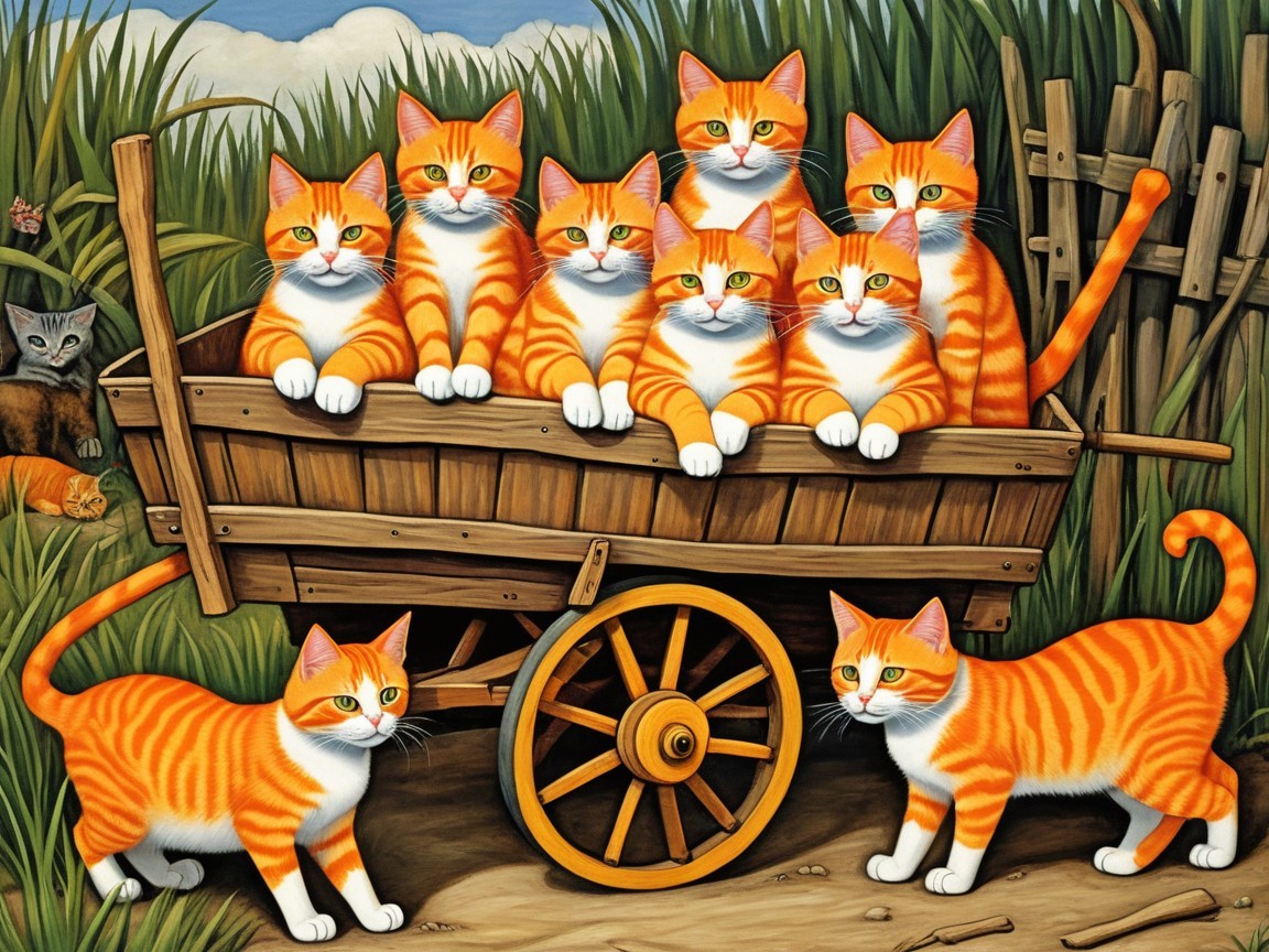Wooden cart with nine orange tabby cats in grass