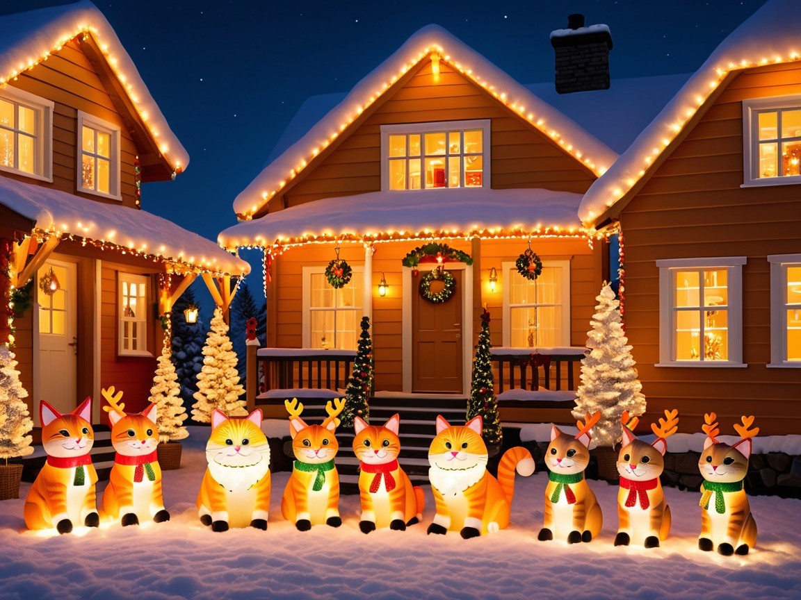 Glowing cat statues in a snowy festive scene