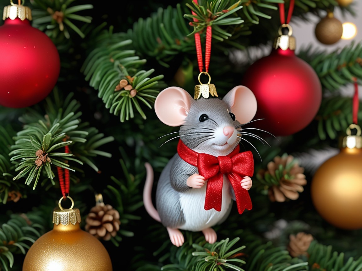 Close-up of a Christmas tree with a mouse ornament