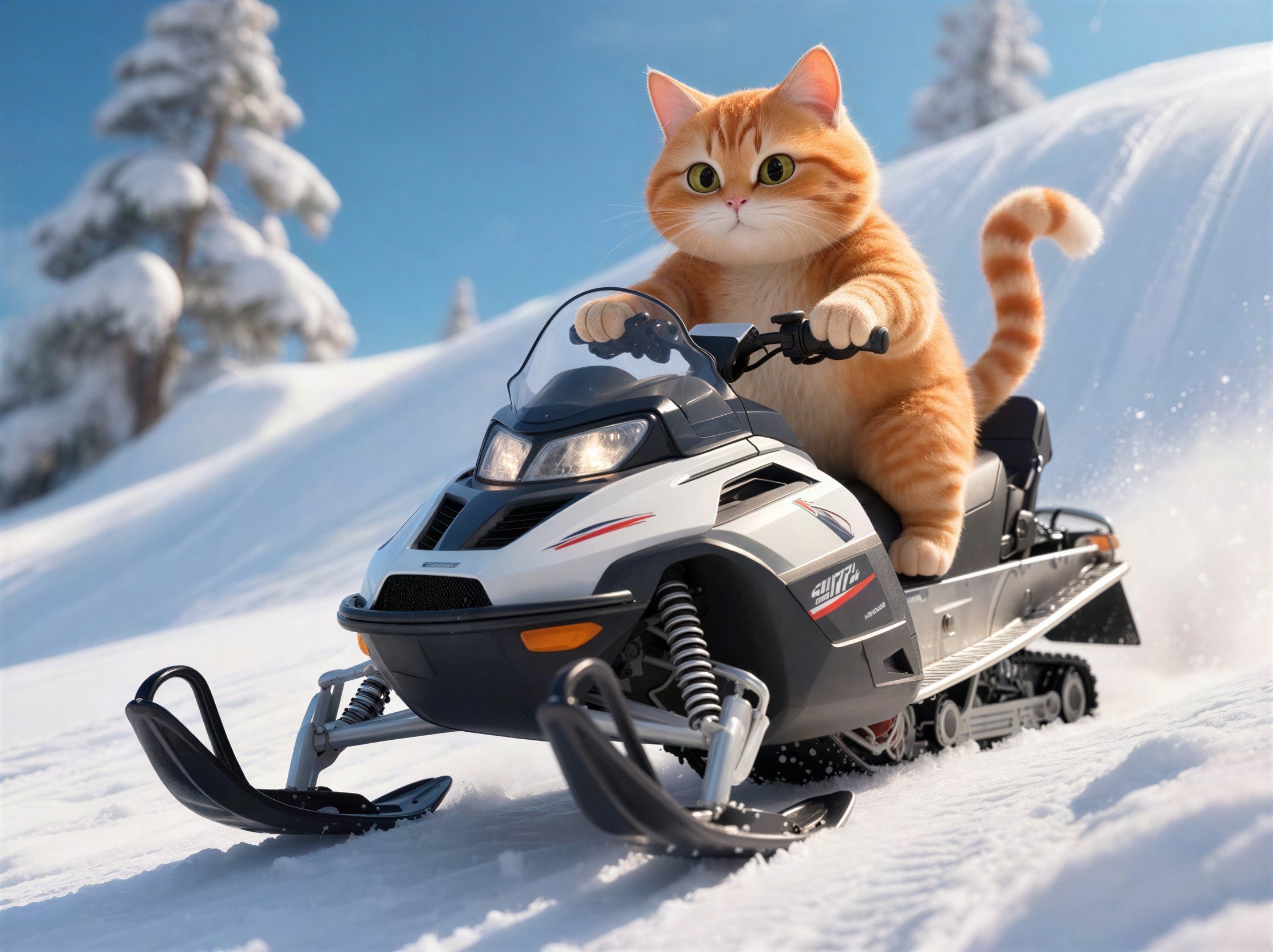 Fluffy Ginger Cat on Snowmobile in Mountain Scene