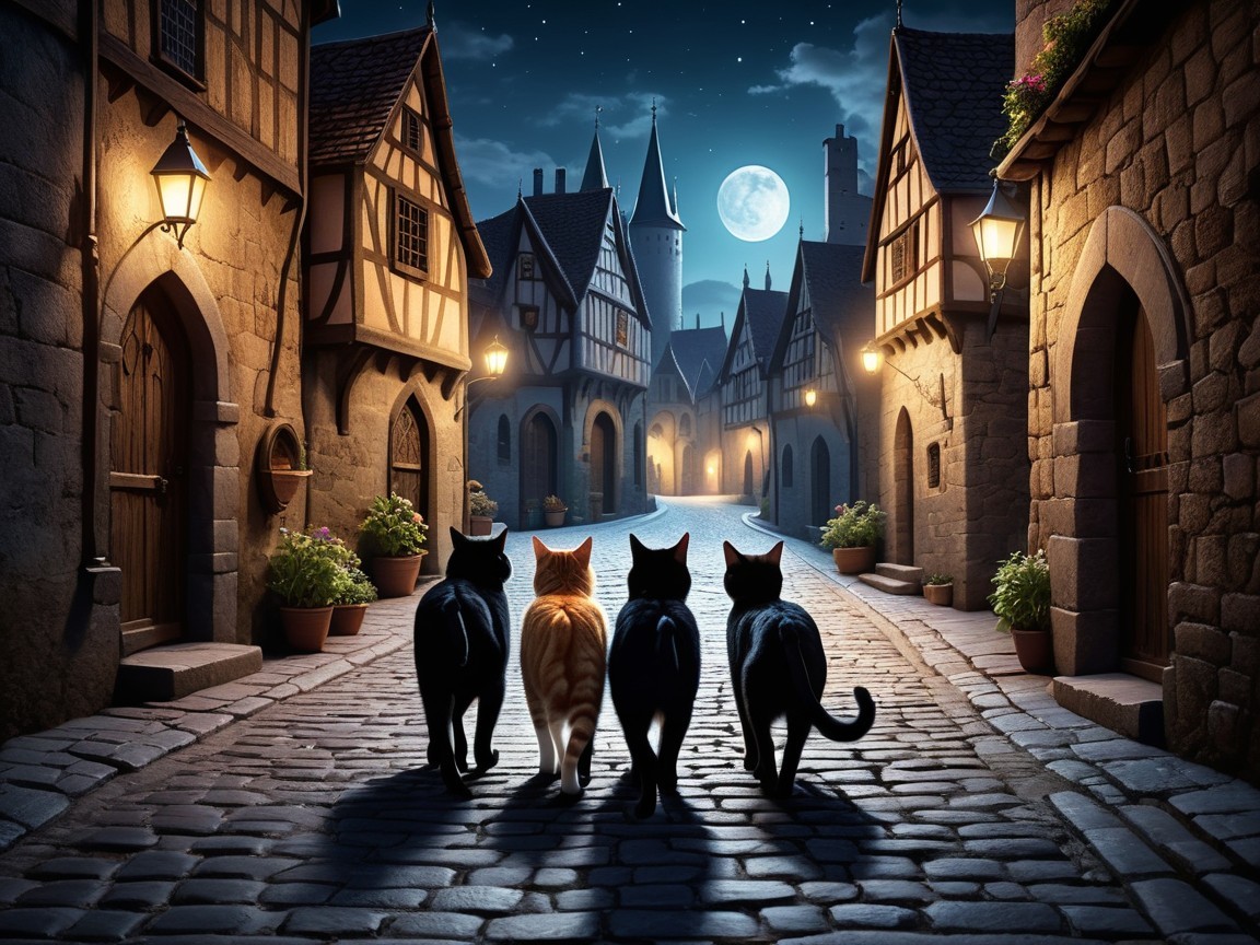 Medieval Village Night Scene with Cats and Lanterns