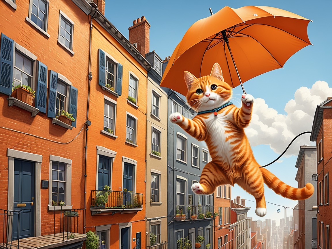 Playful Orange Tabby Cat with Umbrella in Urban Setting