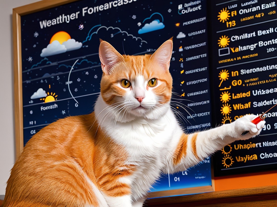 Fluffy Cat Interacting with Colorful Weather Board