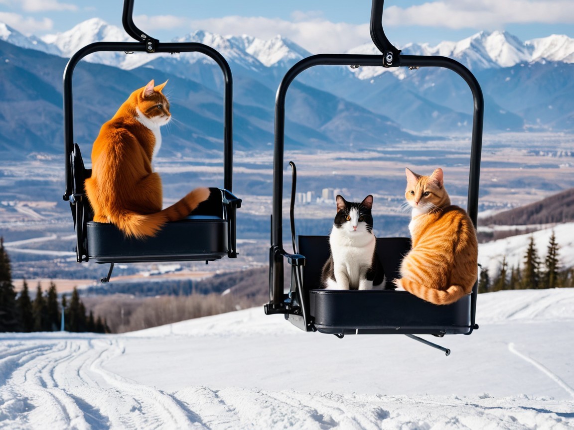 Cats on Ski Lift in Winter Landscape with Mountains