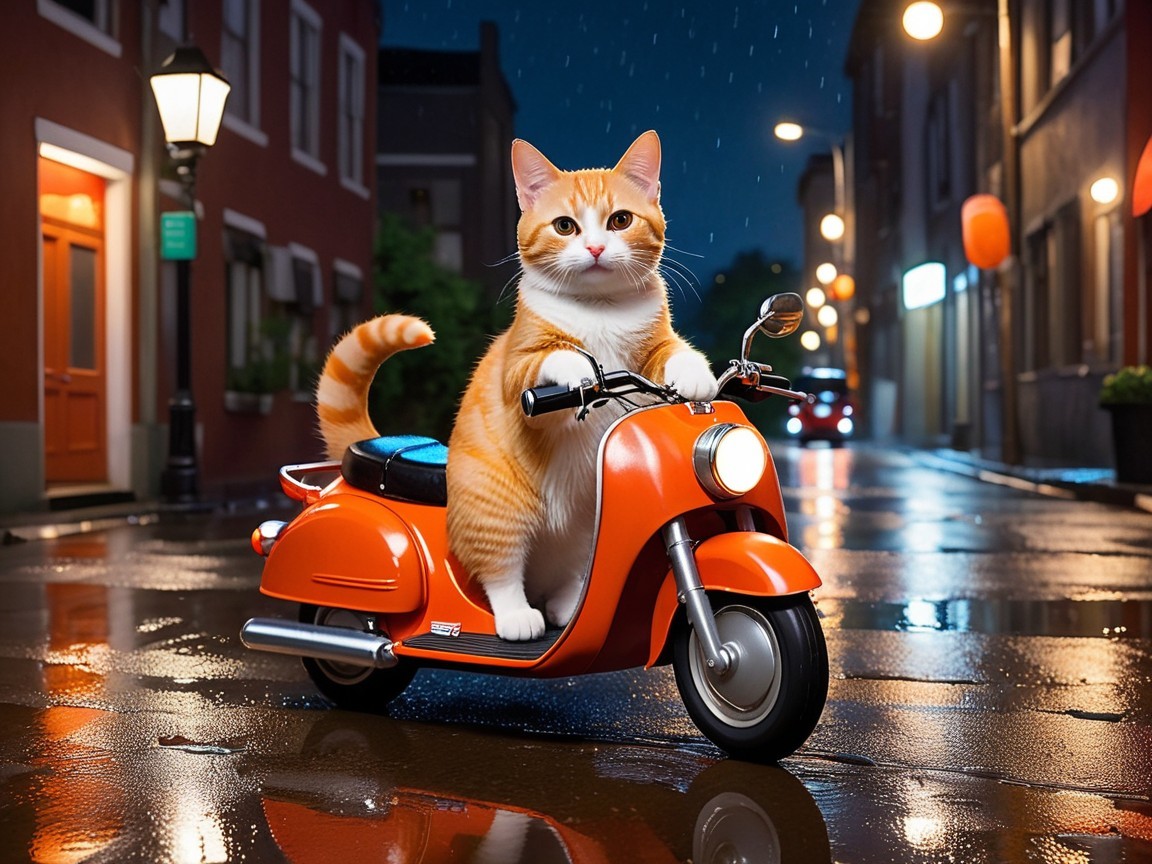 Whimsical Cat on Scooter in Rainy Street Scene