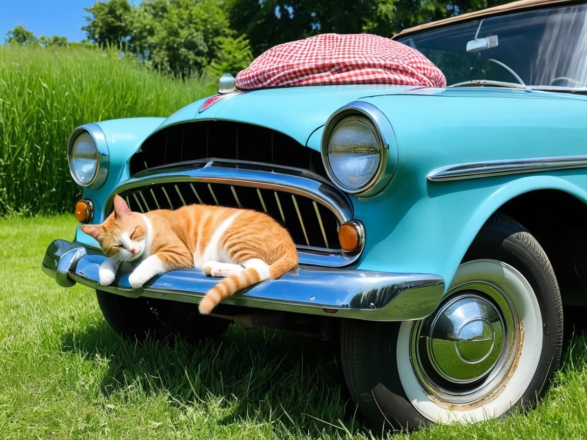Vintage Turquoise Car with Cat on Grassy Lawn