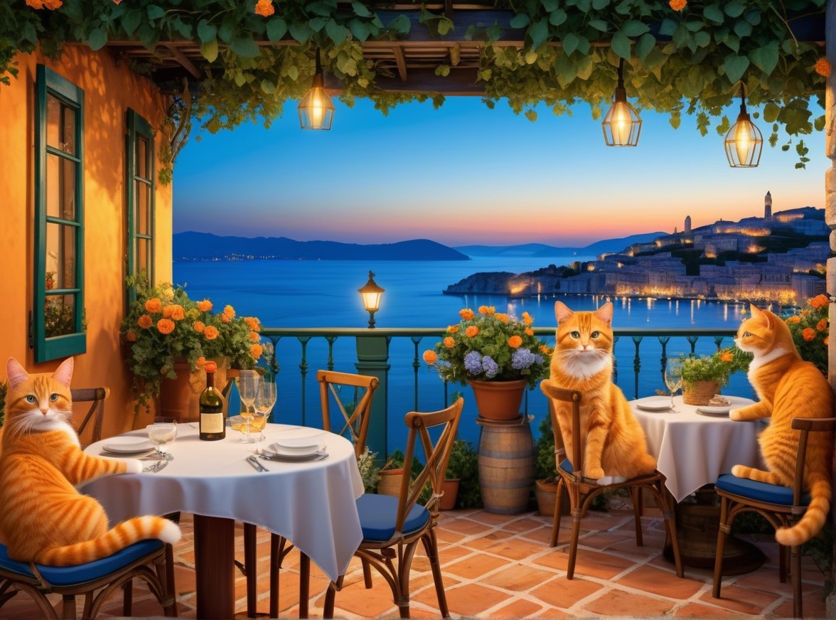 Charming Outdoor Restaurant Scene with Cats at Sunset