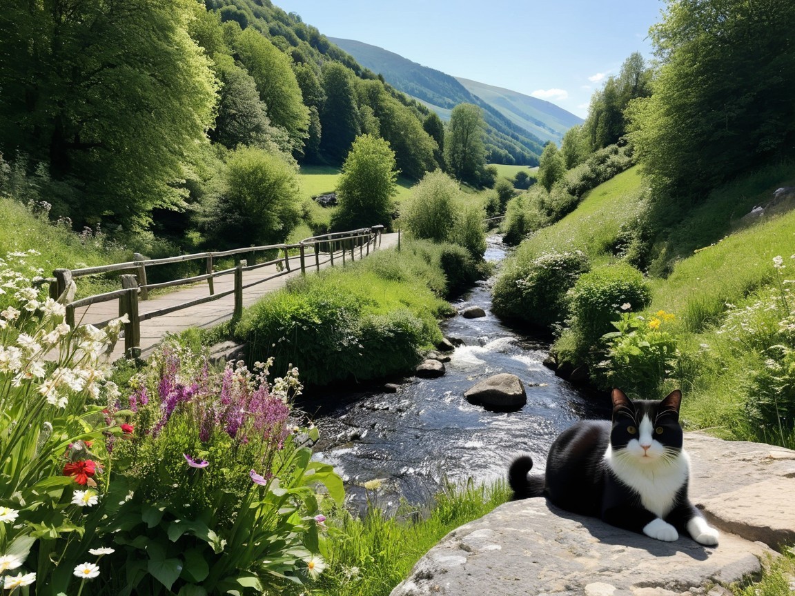 Serene Landscape with Cat, River, and Flowers