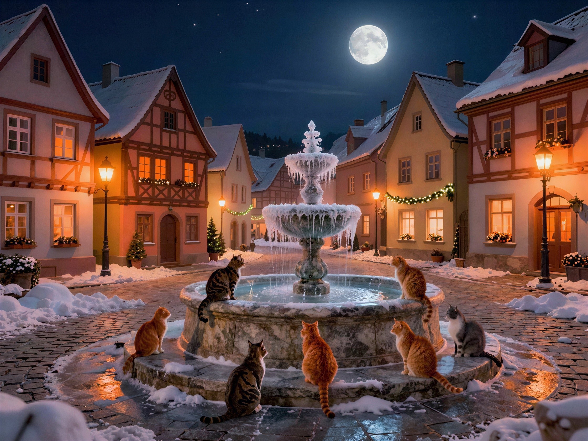 Winter Night Scene with Cats at European Fountain