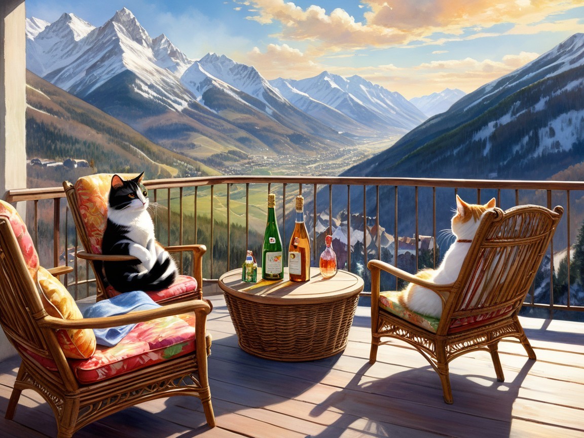 Cats on Balcony with Mountain Sunset View and Drinks