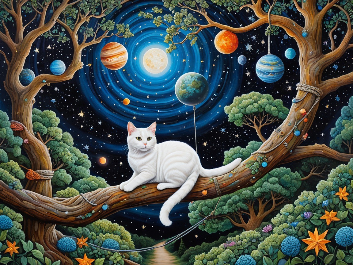 Whimsical Cat on Tree Branch Under Starry Sky