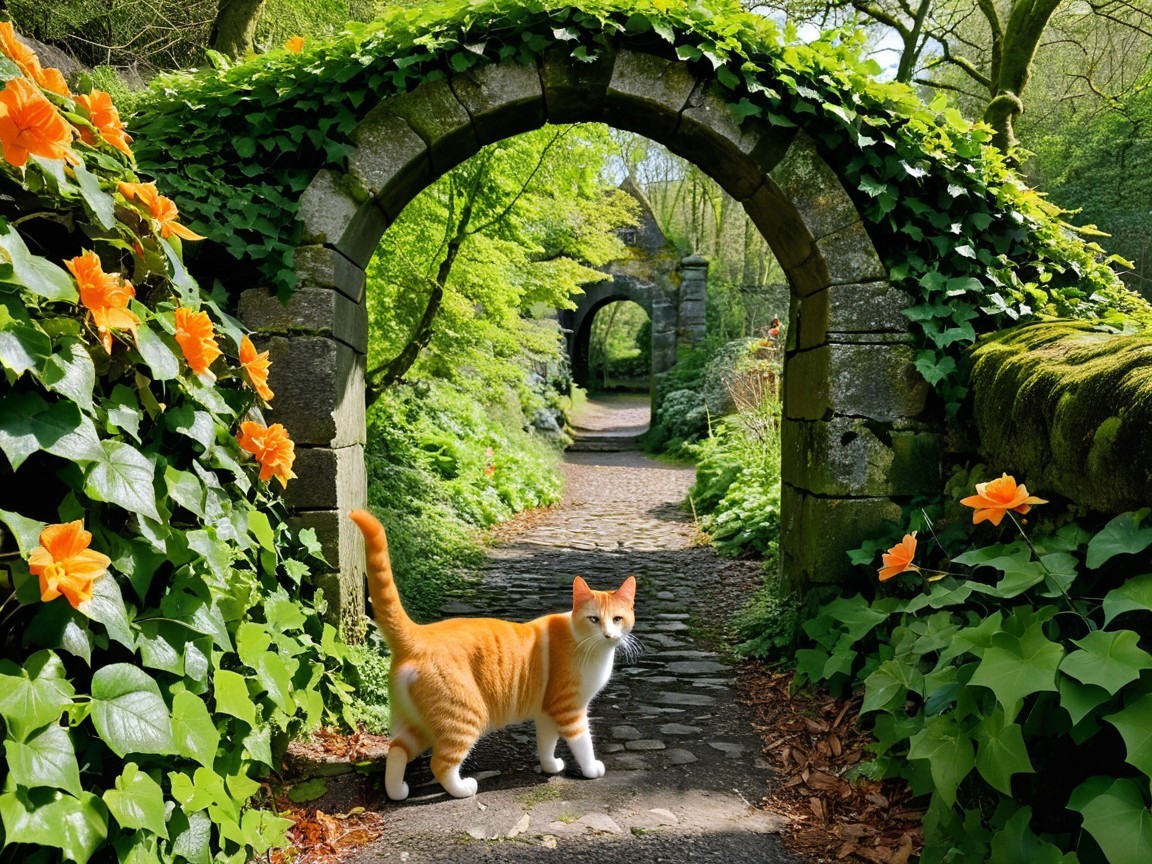 Charming Garden Pathway Under Stone Archway with Cat