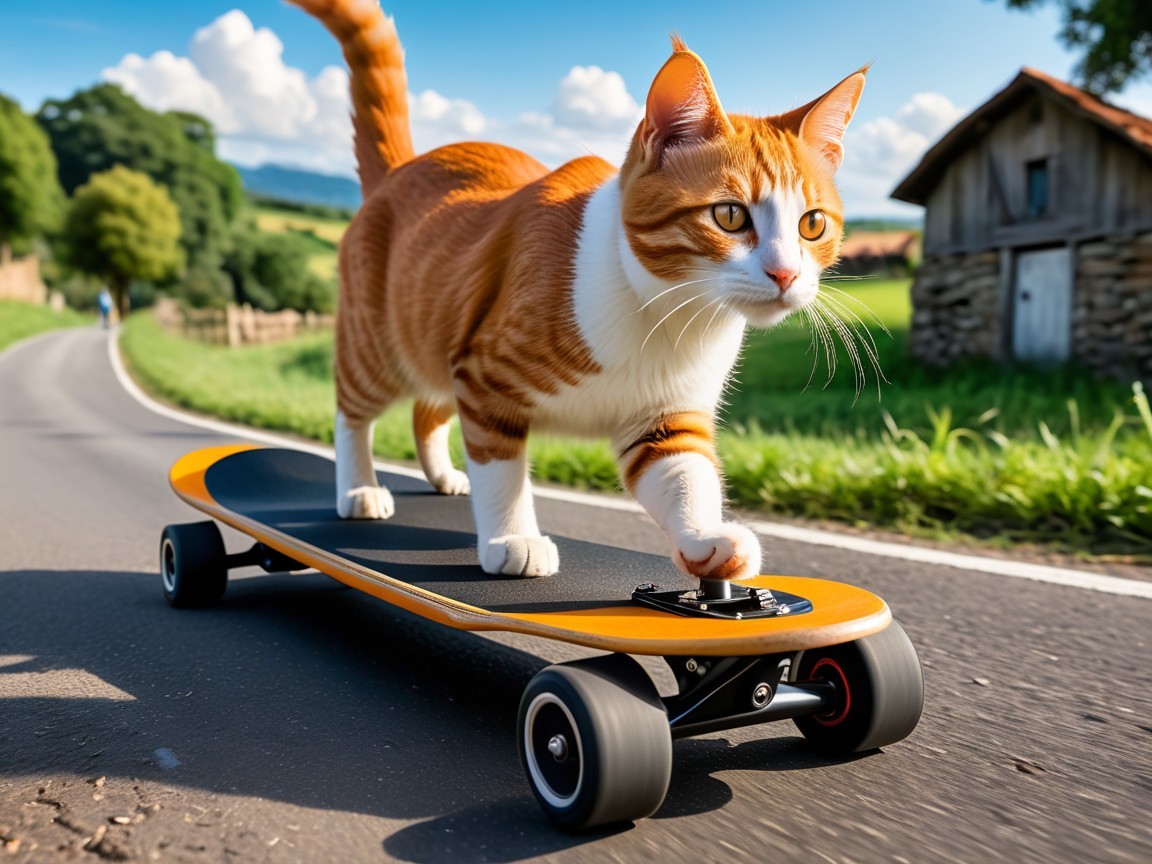 Playful Orange Tabby Cat Skateboarding in Nature
