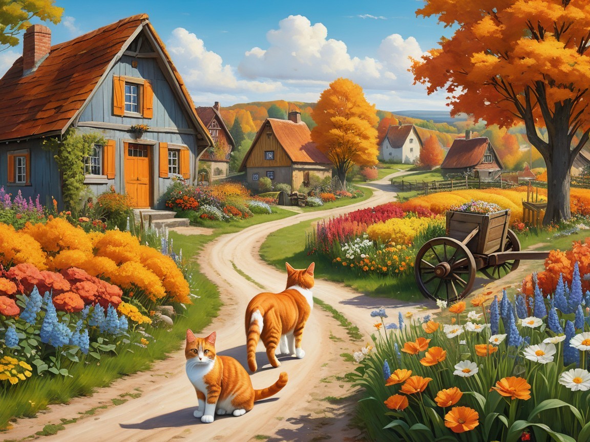 Autumn Scene with Orange Tabby Cats and Village Path