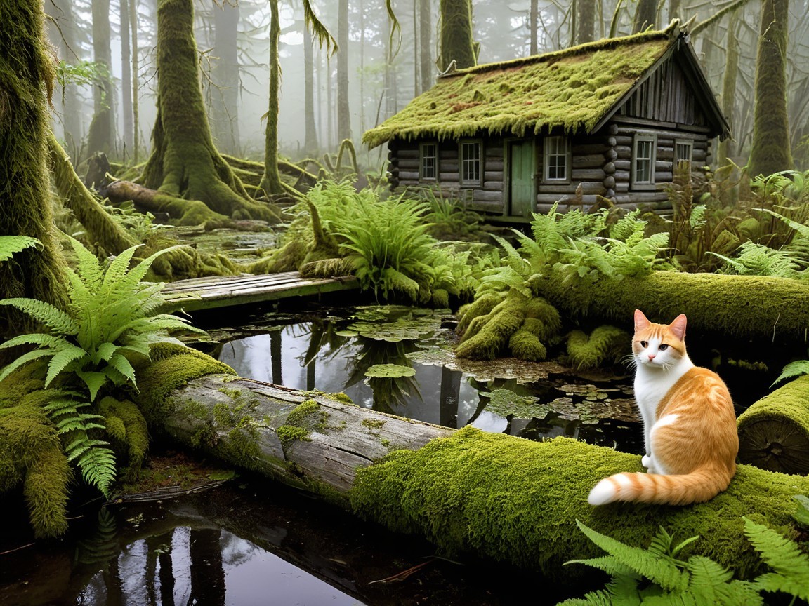 Serene forest scene with a moss-covered cabin and cat