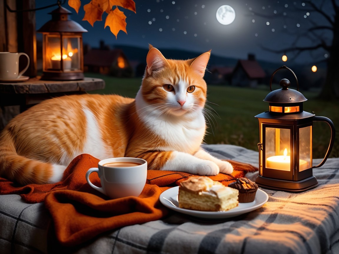 Cozy Night Scene with Cat, Candles, and Autumn Decor