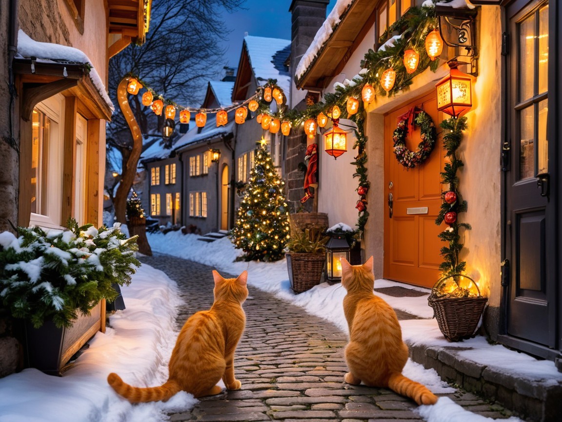 Orange Tabby Cats on Snowy Cobblestone Path