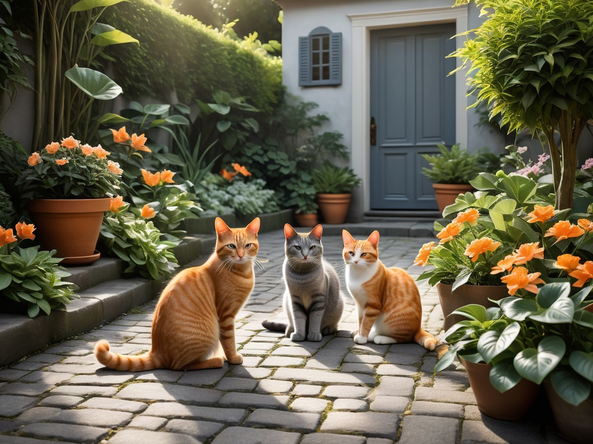 Cats Among Vibrant Orange Flowers in Garden Patio