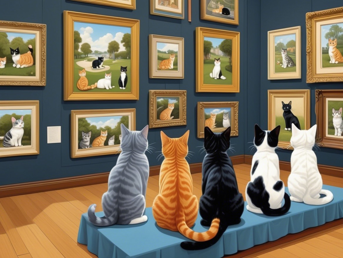 Cats Observing Art in a Whimsical Gallery Setting