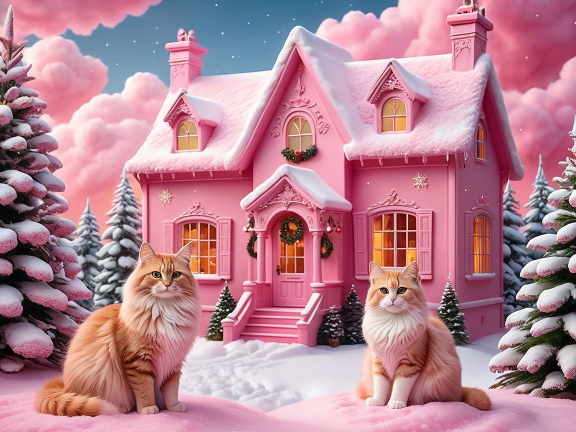 Fluffy Ginger Cats in Snowy Scene with Pink House