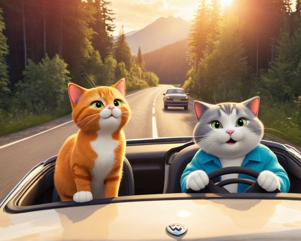 Animated Cats in Convertible Amid Scenic Landscape