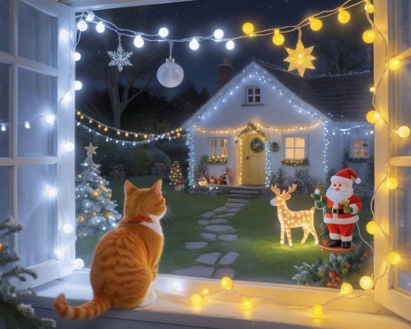 Orange Cat on Windowsill Overlooking Christmas Lights