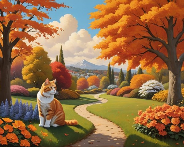 Autumn Landscape with Pathway and Ginger Cat