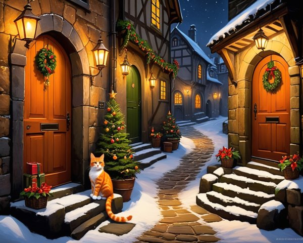 Vibrant Christmas Scene in Snowy Medieval Village Alley
