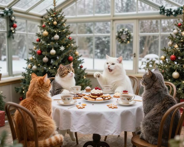Cats Gather at Circular Table with Holiday Decor