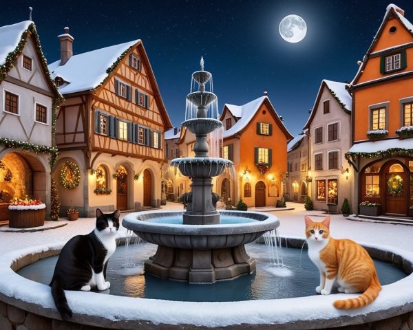 Cats on Snowy Fountain in European Village Square