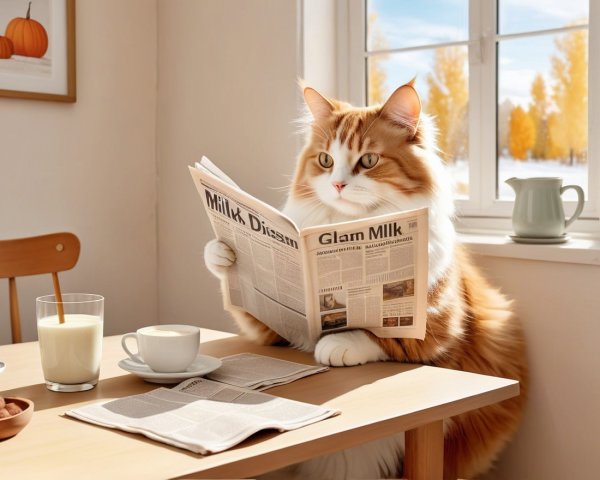 Fluffy Cat Reading Newspaper at Cozy Table