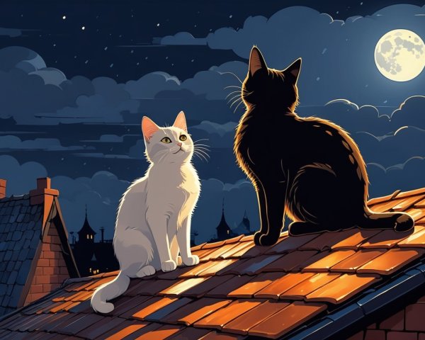 Cats on Rooftop Under Full Moon and Starry Sky