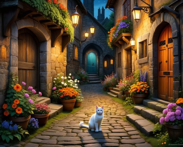 Charming Cobblestone Alleyway with Vibrant Flowers