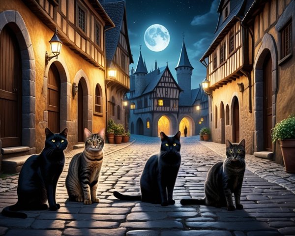 Medieval Street Scene with Cats Under Moonlight