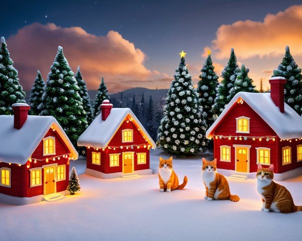 Orange and white cats in snowy landscape with toy houses