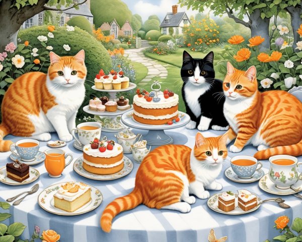 Charming Garden Picnic with Four Adorable Cats