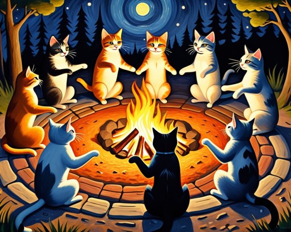 Cats Gathered Around a Campfire in a Forest at Night