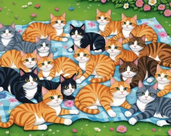 Diverse Cats Relaxing on Blue Checkered Blanket Outdoors