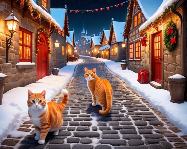 Ginger and White Cats on Snowy Cobblestone Path
