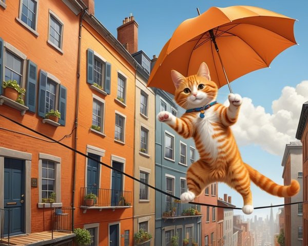 Cheerful Tabby Cat with Umbrella on Colorful Clothesline
