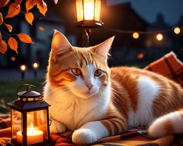 Serene Evening Scene with Cat and Cozy Blanket